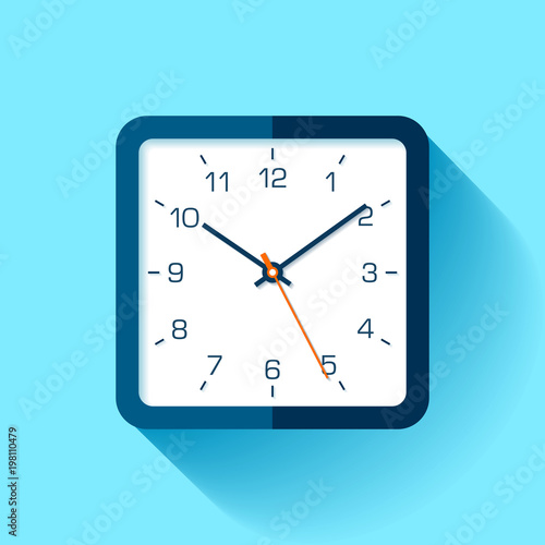 Clock icon in flat style with numbers, square timer on blue background. Business watch. Vector design element for you project