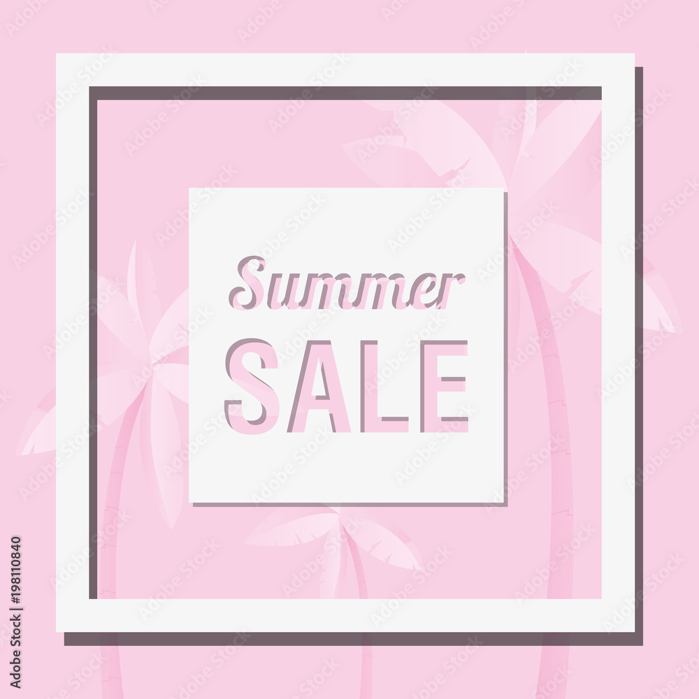 Summer sale design with decorative square frame and tropical palms over pink background, colorful design vector illustration