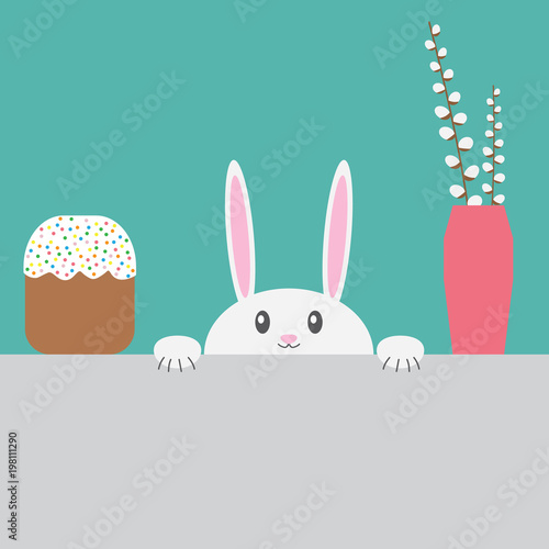 bunny and easter table with cake and willow branch- vector illustration