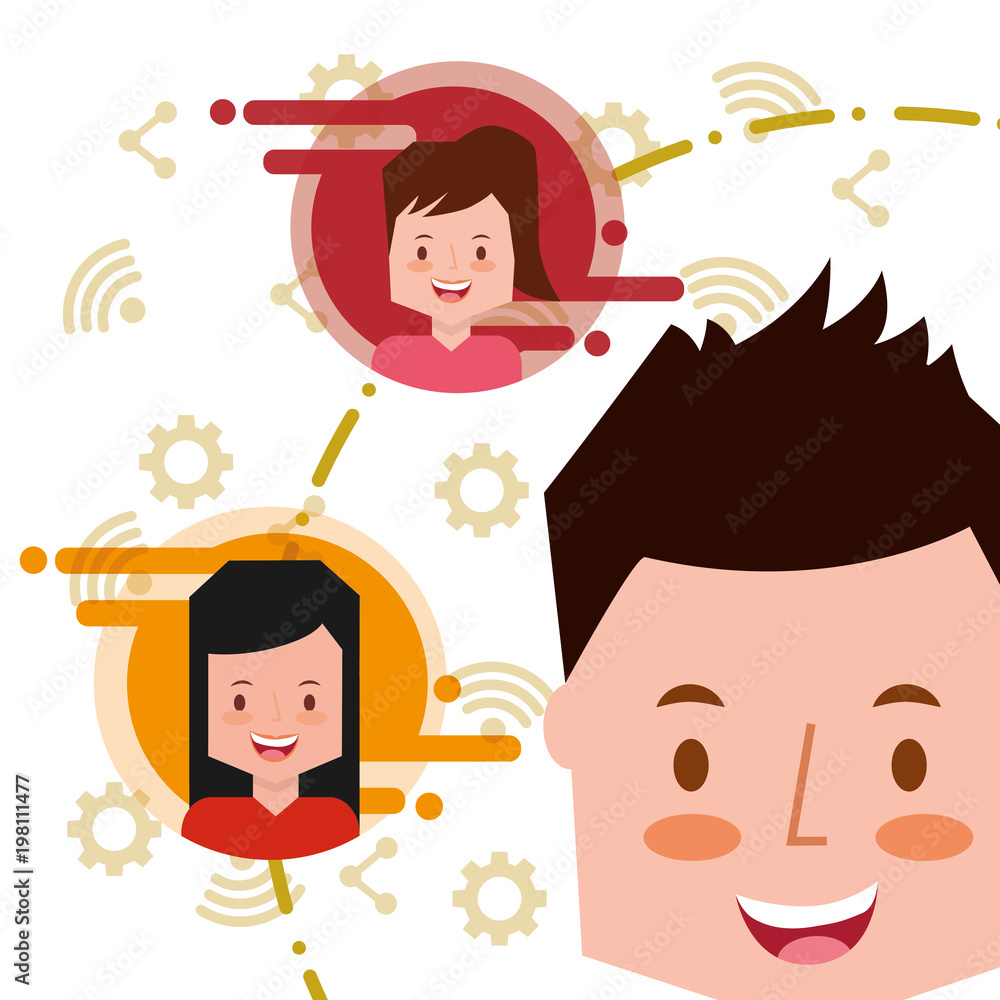 happy young man face and people social media apps background vector illustration happy young man face and people social media apps background vector illustration