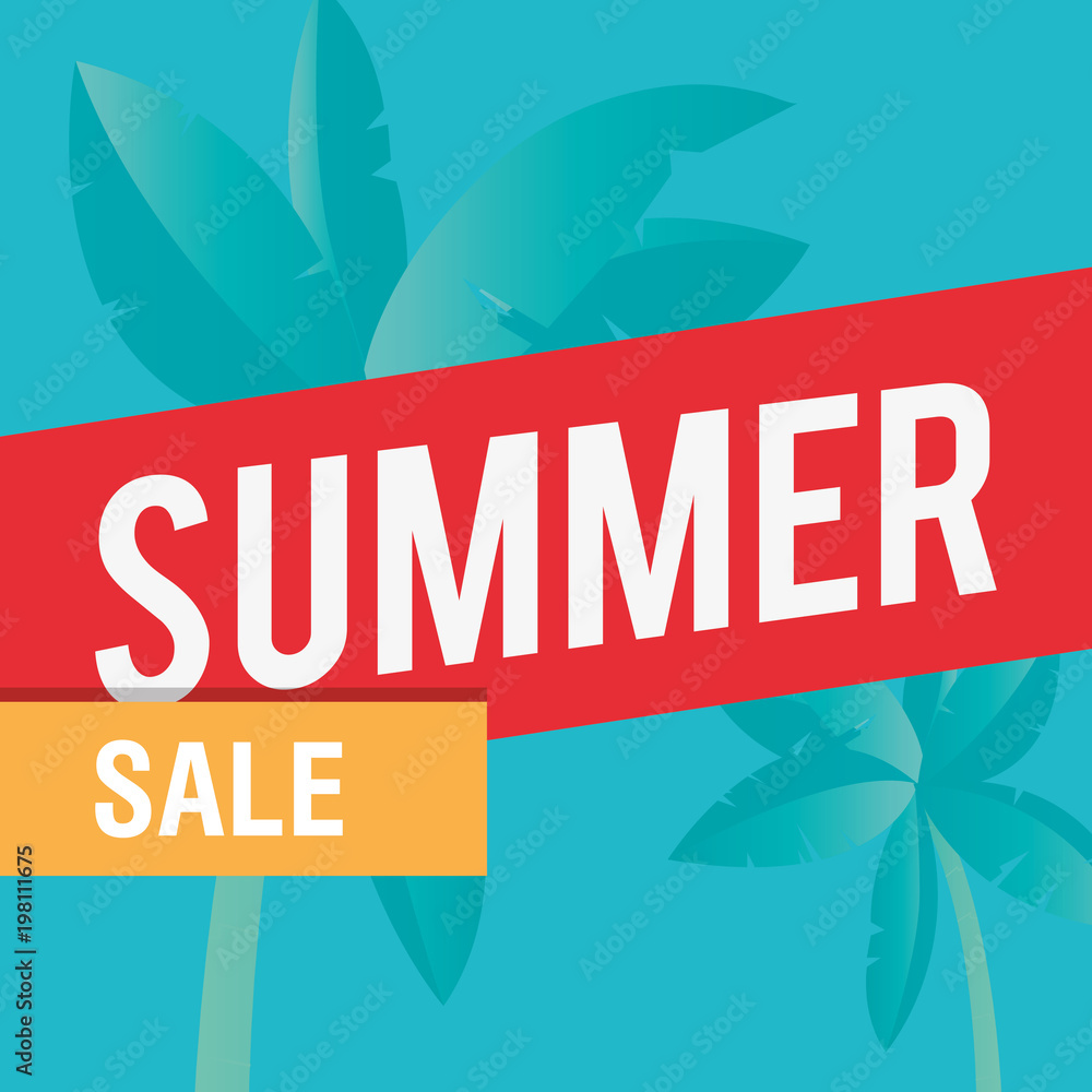 Summer sale design with tropical palms over blue background, colorful design vector illustration