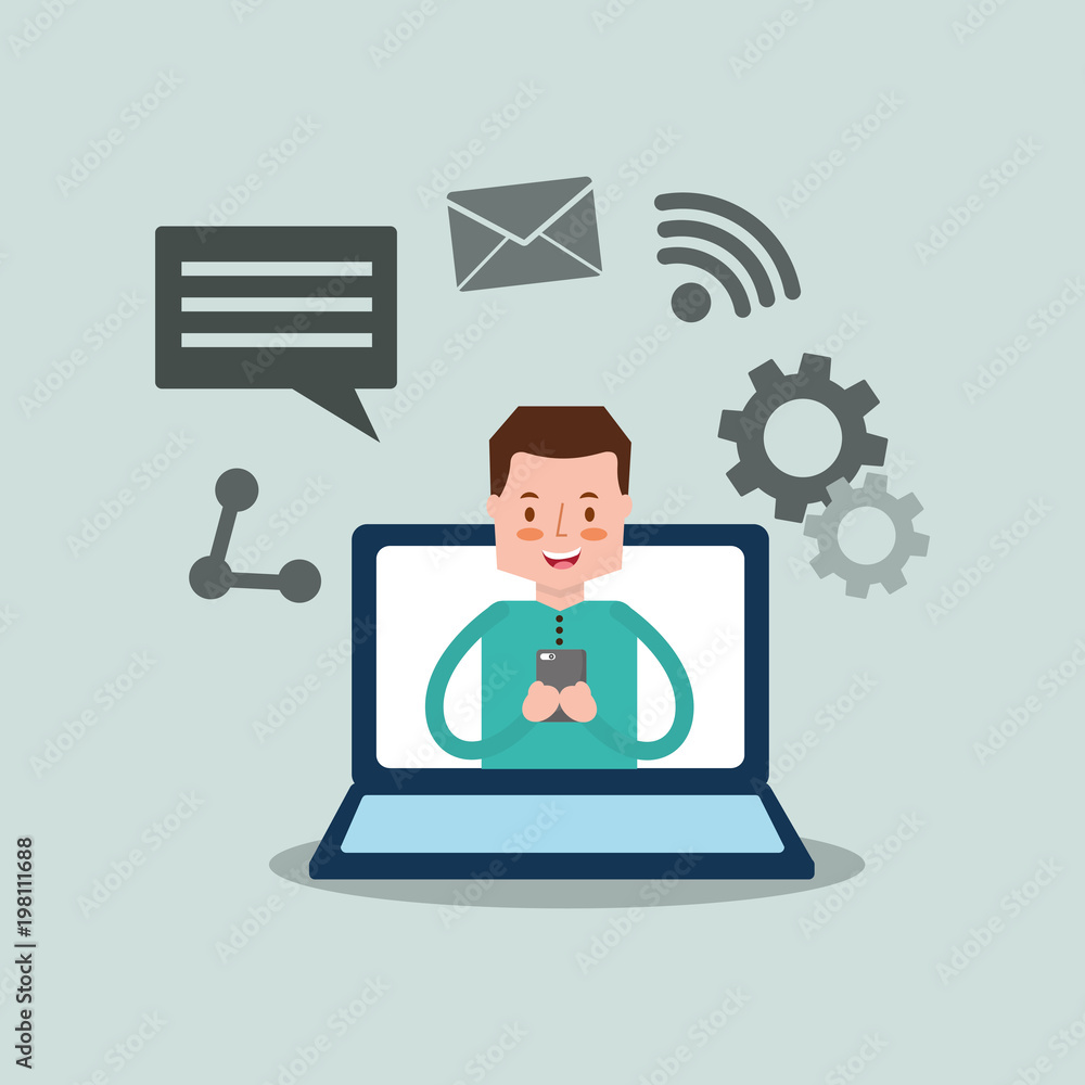 portrait man on a laptop screen using smartphone network social media apps vector illustration vector illustration portrait man on a laptop screen using smartphone network social media apps vector illustration vector illustration