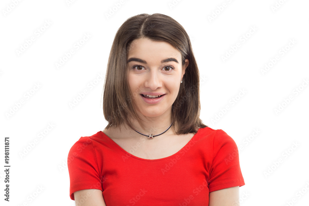 Closeup portrait of a beautiful happy smiling young girl, wearing red t-shirt, white background Closeup portrait of a beautiful happy smiling young girl, wearing red t-shirt, white background