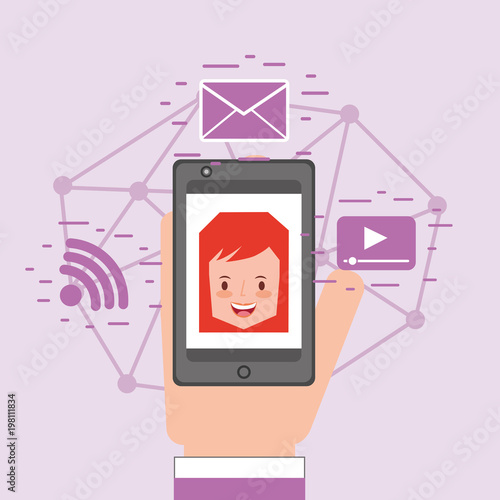 smartphone in hand woman on screen internet connection social media icons vector illustration photo