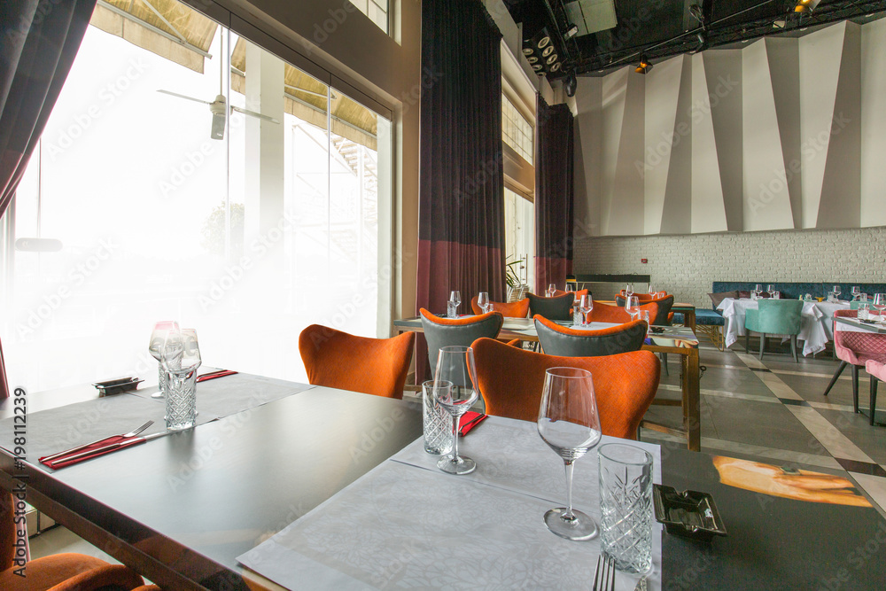 Interior of a new luxury restaurant in the morning - obrazy, fototapety, plakaty 