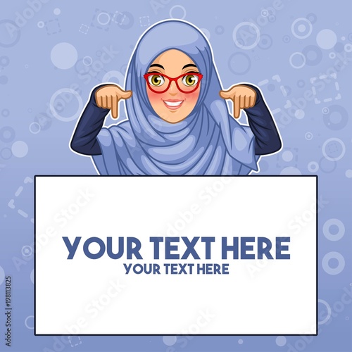 Young muslim woman wearing hijab and glasses pointing finger down at copy space, cartoon character design, against blue background, vector illustration.