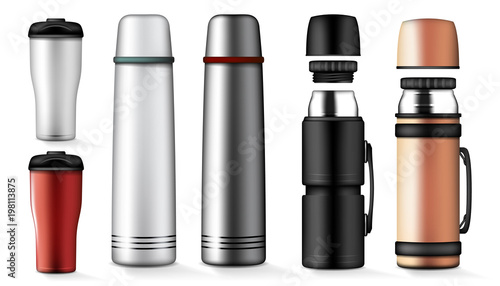 Thermos drink container mockup set. Realistic illustration of thermos mock-up for web