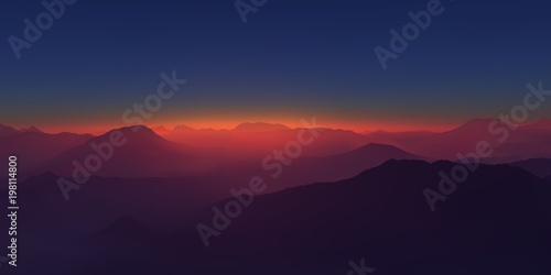 Mountain landscape. Panorama high above the mountains. Flying over the clouds. Realistic vector illustration.