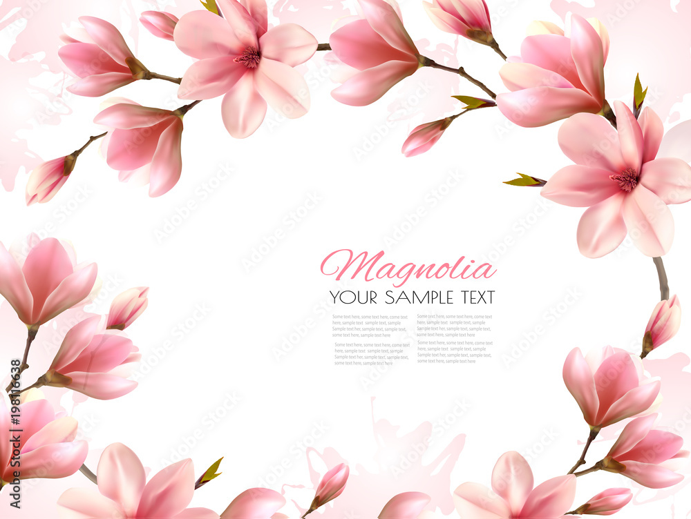 Nature spring background with beautiful magnolia branches. Vector.
