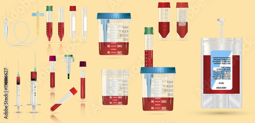 Realistic medical supplies. For blood collection set, for short term, laboratory test-tubes and syringes. Vector illustration on yellow  background. 3d