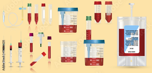 Realistic medical supplies. For blood collection set, for short term, laboratory test-tubes and syringes. Vector illustration on yellow  background. 3d
