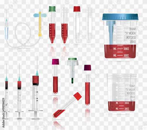 Realistic medical supplies. For blood collection set, for short term, laboratory test-tubes and syringes. Vector illustration on transparent background. 3d