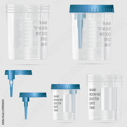 Modern realistic 3d vacuum container with lid and needle for blood sampling, biomaterials and analysis. Vector illustration