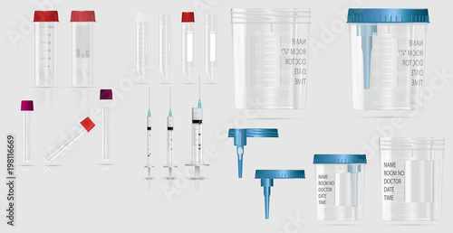 Modern realistic 3d vacuum container with lid and needle for blood sampling, biomaterials and analysis. Syringe, beaker, test tube, tube and flask. Vector illustration