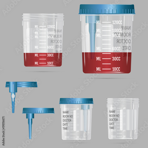 Modern realistic 3d vacuum container with lid and needle for blood sampling, biomaterials and analysis. Vector illustration