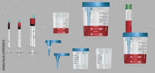 Modern realistic 3d vacuum container with lid and needle for blood sampling, biomaterials and analysis. Vector illustration