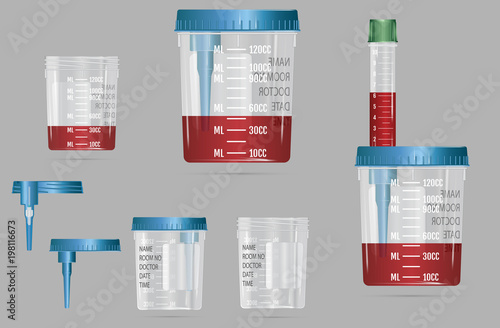 Modern realistic 3d vacuum container with lid and needle for blood sampling, biomaterials and analysis. Vector illustration