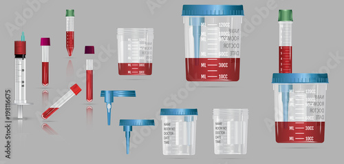 Modern realistic 3d vacuum container with lid and needle for blood sampling, biomaterials and analysis. Vector illustration