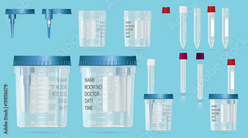Modern realistic 3d  vials and vacuum containers with lid and needle for blood sampling, biomaterials and analysis. Cover device and practical scheme of work. Vector