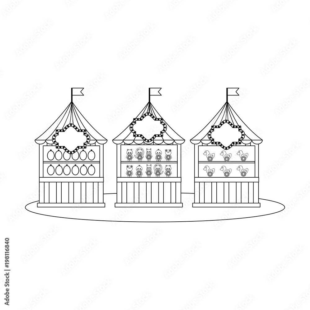 carnival circus booths shooting game ducks animals and target vector illustration outline design