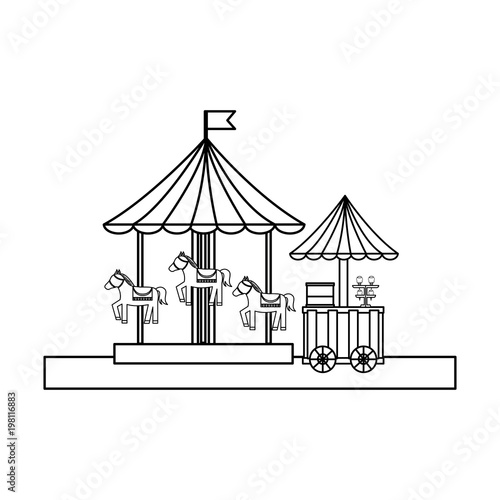 carnival festival carousel and food ice cream cart vector illustration outline design