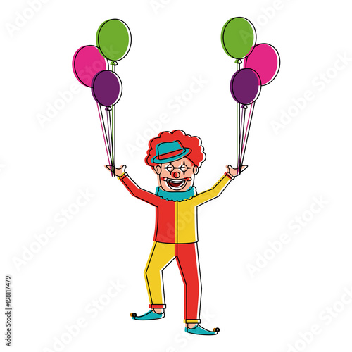 happy clown character holding balloons celebration vector illustration