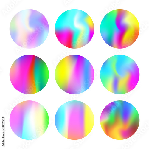 Gradient round set with holographic mesh. Futuristic abstract gradient round set backdrops. 90s, 80s retro style. Pearlescent graphic template for brochure, flyer, poster, wallpaper, mobile screen.