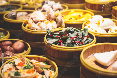 Assortment of different types of asian traditional street food in Shanghai  China
