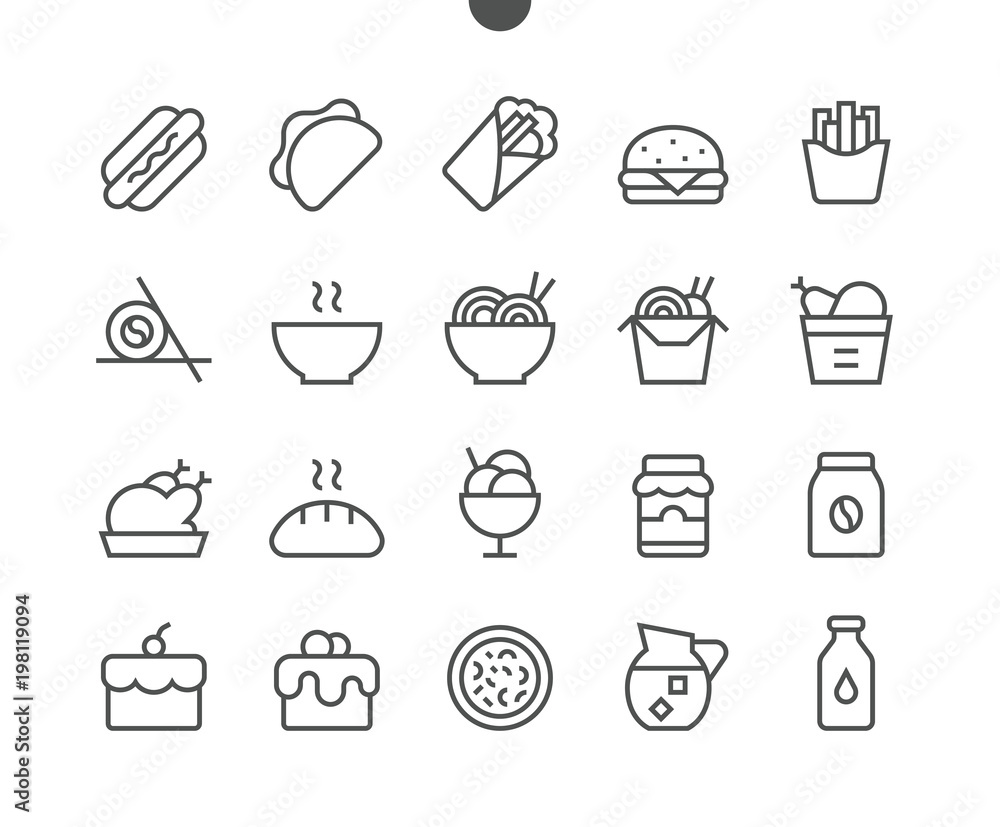 Food UI Pixel Perfect Well-crafted Vector Thin Line Icons 48x48 Ready for 24x24 Grid for Web Graphics and Apps with Editable Stroke. Simple Minimal Pictogram Food UI Pixel Perfect Well-crafted Vector Thin Line Icons 48x48 Ready for 24x24 Grid for Web Graphics and Apps with Editable Stroke. Simple Minimal Pictogram