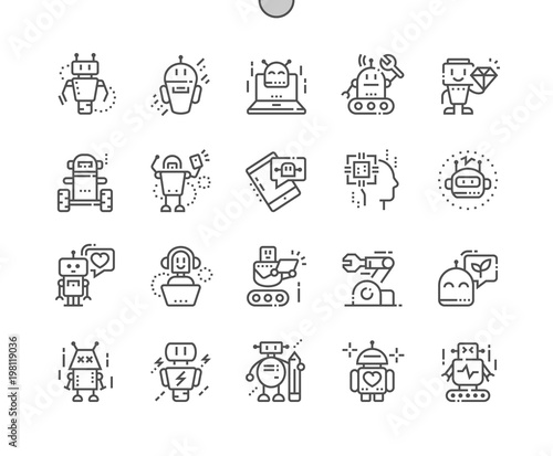 Robots Well-crafted Pixel Perfect Thin Line Icons 30 2x Grid for Web Graphics and Apps. Simple Minimal Pictogram