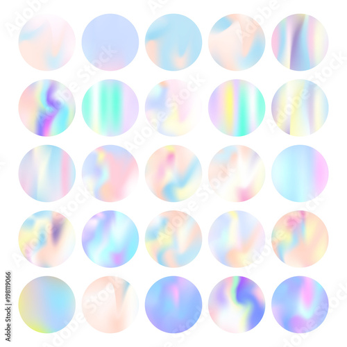 Gradient round set with holographic mesh. Minimal abstract gradient round set backdrops. 90s, 80s retro style. Pearlescent graphic template for brochure, flyer, poster, wallpaper, mobile screen.