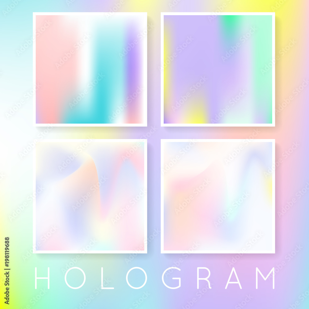 Fototapeta premium Holographic abstract backgrounds set. Minimal holographic backdrop with gradient mesh. 90s, 80s retro style. Iridescent graphic template for banner, flyer, cover, mobile interface, web app.