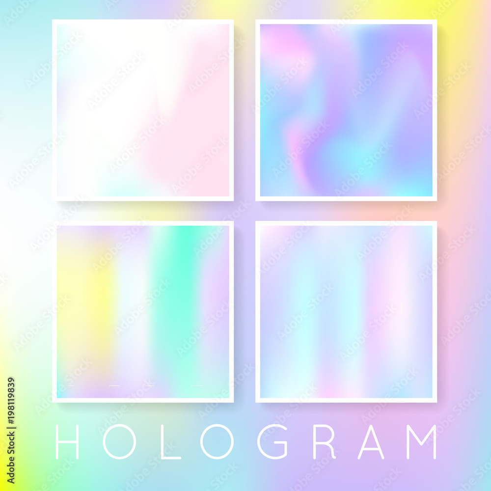 Gradient set with holographic mesh. Liquid abstract gradient set backdrops. 90s, 80s retro style. Iridescent graphic template for banner, flyer, cover, mobile interface, web app.