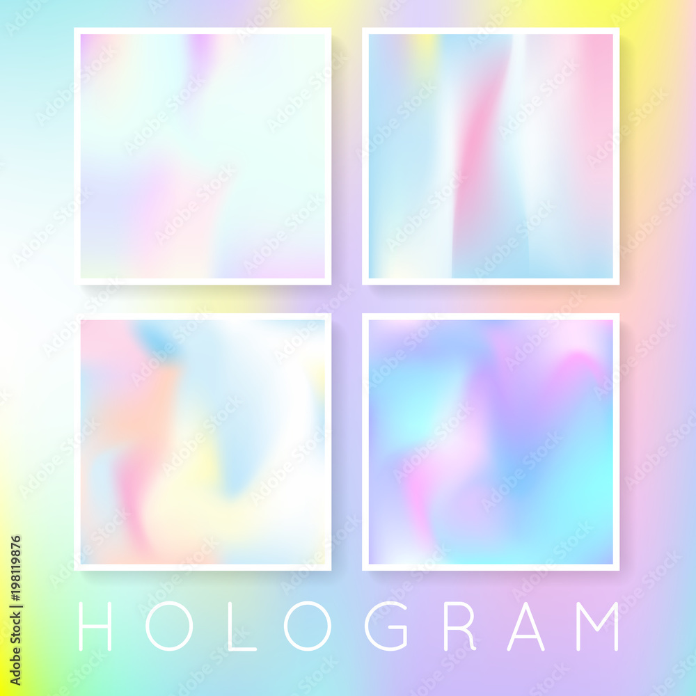 Holographic foil backgrounds set. Colorful gradient backdrop with holographic foil. 90s, 80s retro style. Iridescent graphic template for brochure, flyer, poster, wallpaper, mobile screen.