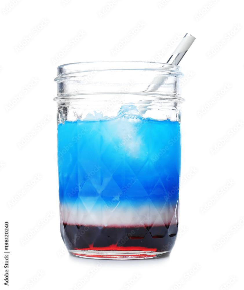 Layered cocktail in colors of American flag on white background Layered cocktail in colors of American flag on white background