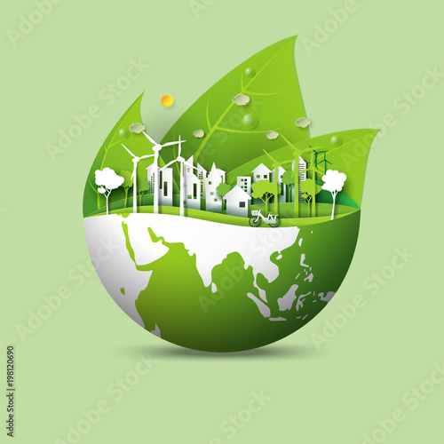 Green earth of eco friendly city and urban forest landscape abstract background.Renewable energy for ecology and environment conservation concept paper art design.Vector illustration.