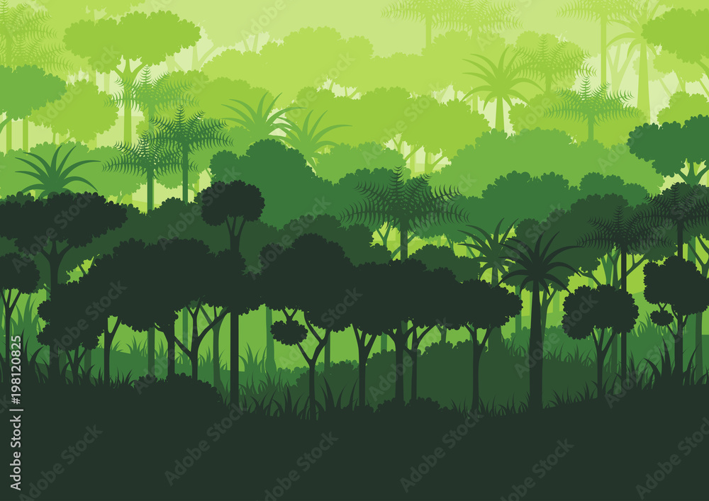Obraz premium Green silhouette forest abstract background.Nature and environment conservation concept flat design.Vector illustration.