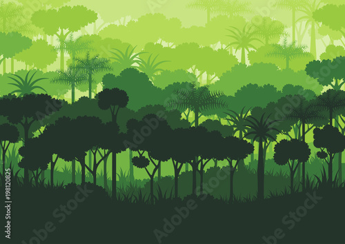 Green silhouette forest abstract background.Nature and environment conservation concept flat design.Vector illustration.