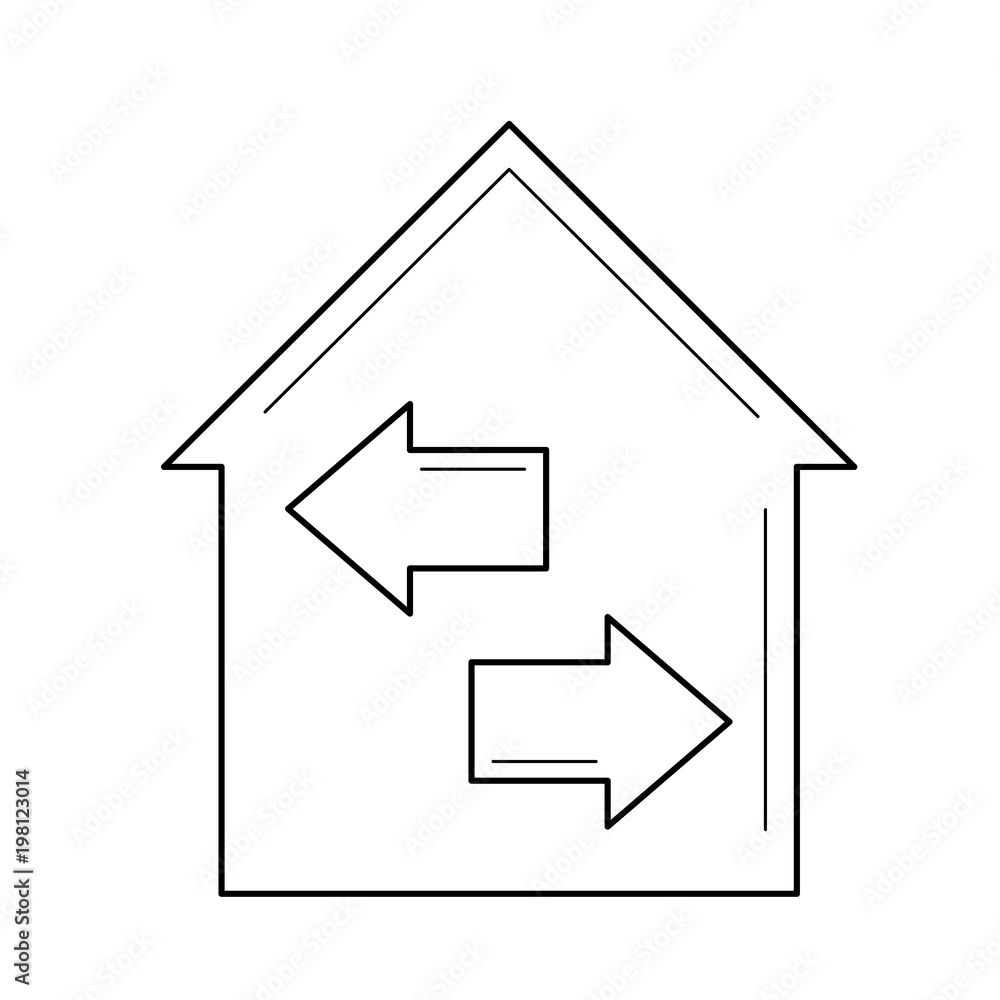 House resale vector line icon isolated on white background. House with two arrows symbolizing resale line icon for infographic, website or app. House resale vector line icon isolated on white background. House with two arrows symbolizing resale line icon for infographic, website or app.