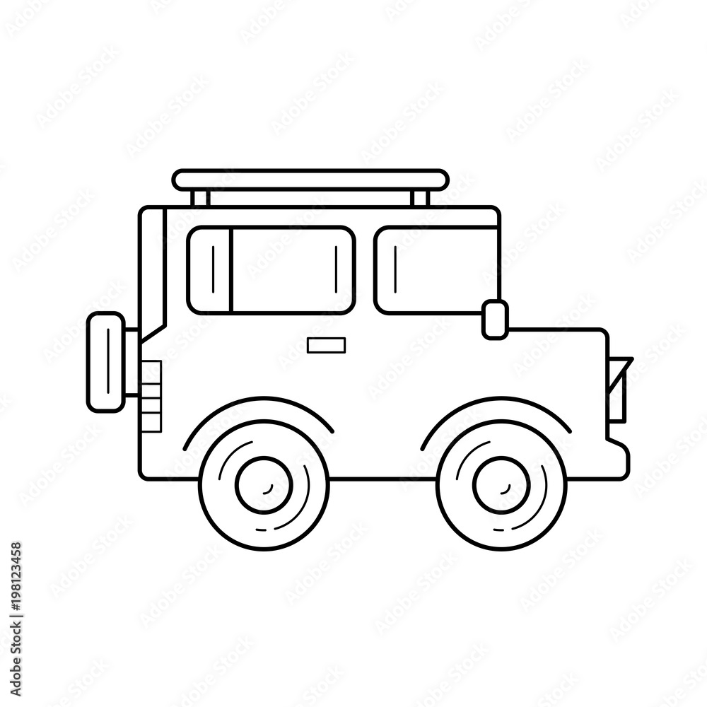 Off-road car trip vector line icon isolated on white background. Car trip line icon for infographic, website or app. Icon designed on a grid system.