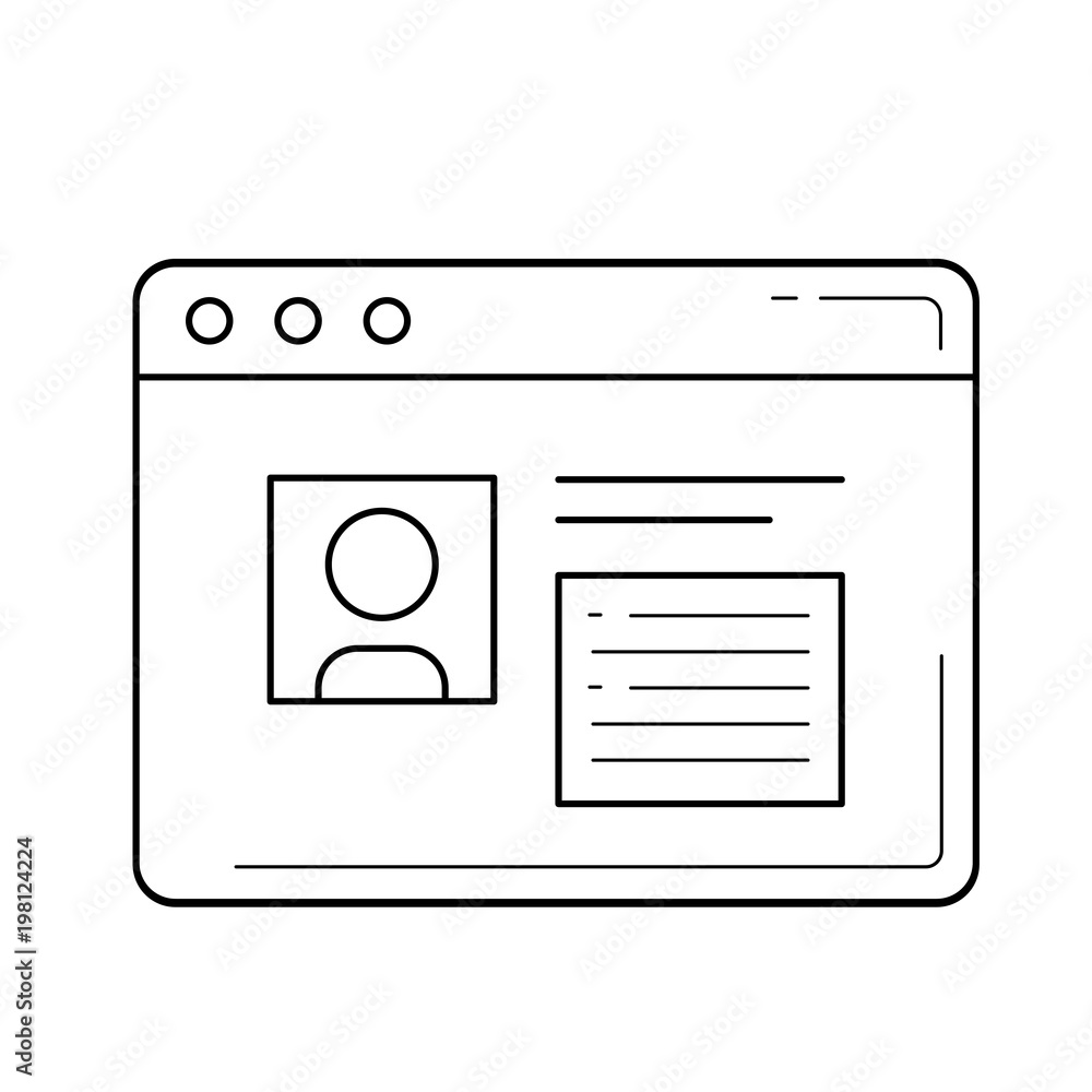 Profile vector line icon isolated on white background. Browser window with profile picture line icon for infographic, website or app. Profile vector line icon isolated on white background. Browser window with profile picture line icon for infographic, website or app.