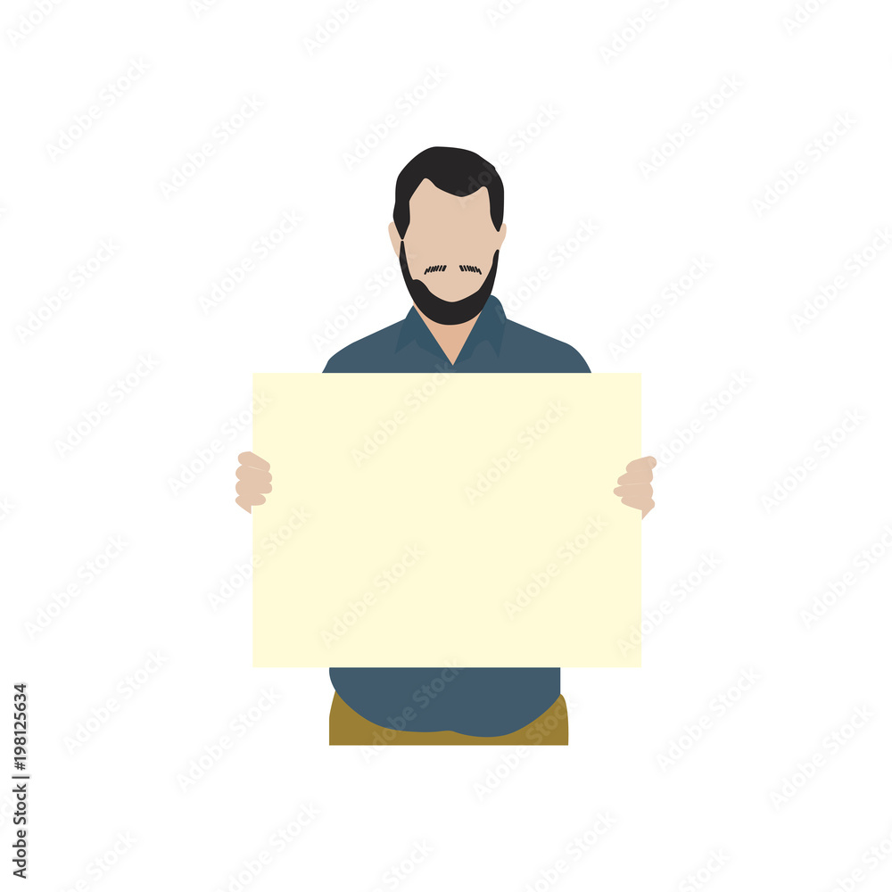 Illustrated bearded man holding blank paper Illustrated bearded man holding blank paper