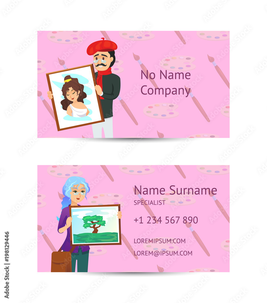 Visual art studio business card layout with artists showing artworks. Corporate identity for art school classes, artistic occupation, professional education and creative hobby vector illustration. Visual art studio business card layout with artists showing artworks. Corporate identity for art school classes, artistic occupation, professional education and creative hobby vector illustration.