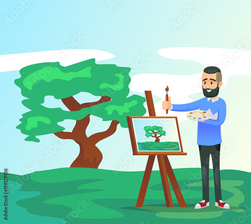 Young artist drawing tree on canvas. Male student in art workshop. Visual art studio classes, artistic occupation concept, professional education and creative hobby vector illustration.