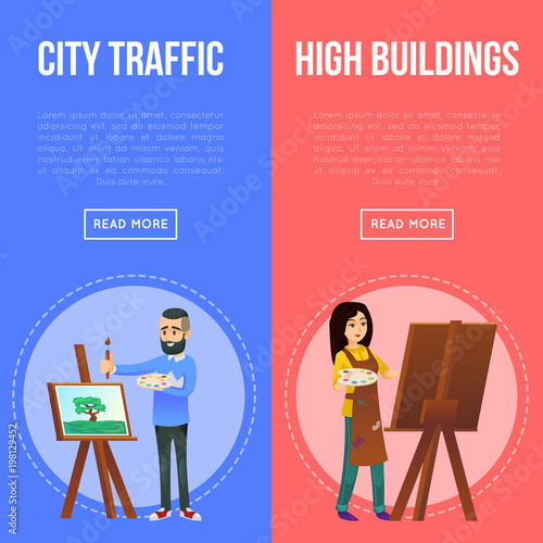 Visual art studio advertising flyers with artists painting artworks. Student in art workshop, painter drawing on canvas. Art school classes, artistic people concept, creative hobby vector illustration