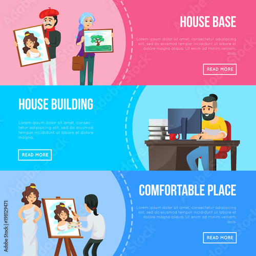 Visual art studio flyers with artists painting artworks. Student in art workshop, painter drawing on canvas and designer using graphics tablet. Art school classes, creative hobby vector illustration.