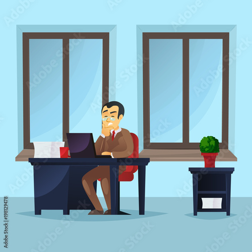 Businessman working on laptop at office desk. Manager wearing brown business suit and tie in office interior with big windows. Corporate business people concept, company staff vector illustration.