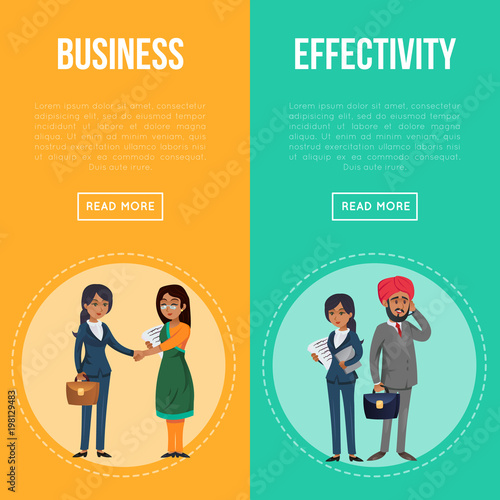 Multicultural business cooperation and partnership. Happy indian businessmen and business women handshaking. Corporate business people meeting, partners connections and teamwork vector illustration.