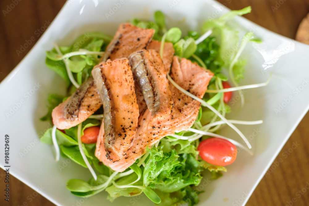 Closed up of salmon salad menu, food healthy, clean food. Closed up of salmon salad menu, food healthy, clean food.