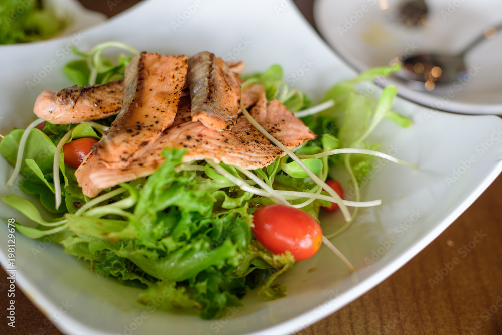 Closed up of salmon salad menu, food healthy, clean food. Closed up of salmon salad menu, food healthy, clean food.